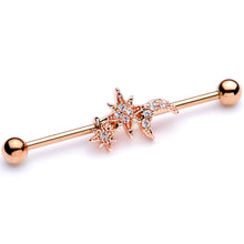 Load image into Gallery viewer, 14G Clear CZ Gem Rose Gold Tone Moon Stars Industrial Barbell 38mm
