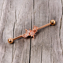 Load image into Gallery viewer, 14G Clear CZ Gem Rose Gold Tone Moon Stars Industrial Barbell 38mm
