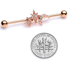 Load image into Gallery viewer, 14G Clear CZ Gem Rose Gold Tone Moon Stars Industrial Barbell 38mm
