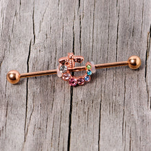 Load image into Gallery viewer, 14G Multicolor Gem Rose Gold Tone Bee Industrial Barbell 38mm
