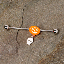Load image into Gallery viewer, 14G Pumpkin Skull Halloween Dangle Industrial Barbell 38mm
