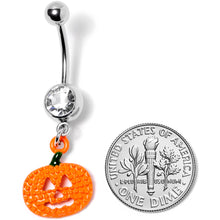 Load image into Gallery viewer, Clear Gem Orange Pumpkin Jack O Lantern Halloween Dangle Belly Ring

