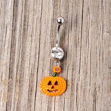 Load image into Gallery viewer, Clear Gem Orange Pumpkin Jack O Lantern Halloween Dangle Belly Ring
