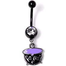 Load image into Gallery viewer, Clear Gem Black Purple Witch Cauldron Halloween Dangle Belly Ring
