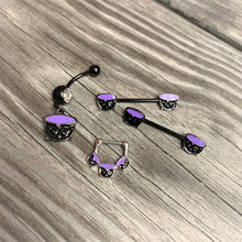 Load image into Gallery viewer, 14G 11/16 Black Purple Cauldron Halloween Barbell Nipple Ring Set
