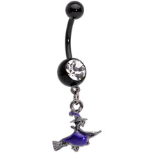 Load image into Gallery viewer, Clear Gem Black Purple Broom Witch Halloween Dangle Belly Ring

