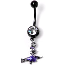 Load image into Gallery viewer, Clear Gem Black Purple Broom Witch Halloween Dangle Belly Ring
