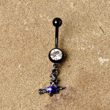 Load image into Gallery viewer, Clear Gem Black Purple Broom Witch Halloween Dangle Belly Ring
