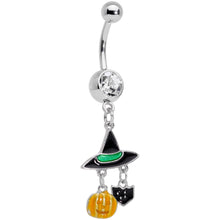 Load image into Gallery viewer, Clear Gem Witch Hat Bat Orange Pumpkin Halloween Dangle Belly Ring
