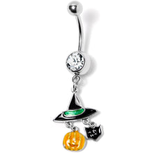 Load image into Gallery viewer, Clear Gem Witch Hat Bat Orange Pumpkin Halloween Dangle Belly Ring
