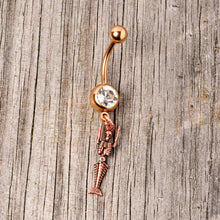 Load image into Gallery viewer, Clear Gem Rose Gold Tone Mermaid Skeleton Halloween Dangle Belly Ring
