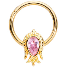 Load image into Gallery viewer, 16G 3/8 Pink Gem Gold Tone Sideways Tulip Flower Hinged Segment Ring
