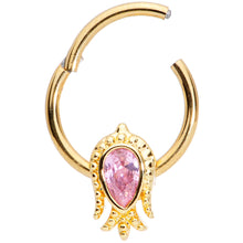 Load image into Gallery viewer, 16G 3/8 Pink Gem Gold Tone Sideways Tulip Flower Hinged Segment Ring
