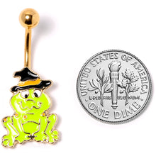 Load image into Gallery viewer, Gold Tone Ghastly Green Frog Witch Hat Halloween Belly Ring
