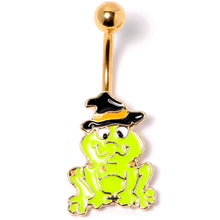 Load image into Gallery viewer, Gold Tone Ghastly Green Frog Witch Hat Halloween Belly Ring
