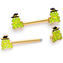 Load image into Gallery viewer, 14G 9/16 Gold Tone Frog Witch Halloween Barbell Nipple Ring Set
