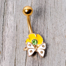 Load image into Gallery viewer, Green Gem Gold Tone Butterfly Flower Belly Ring
