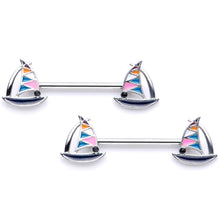 Load image into Gallery viewer, 14G 9/16 Black Gem Teal Nautical Sailboat Barbell Nipple Ring Set
