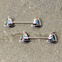 Load image into Gallery viewer, 14G 9/16 Black Gem Teal Nautical Sailboat Barbell Nipple Ring Set
