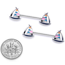 Load image into Gallery viewer, 14G 9/16 Black Gem Teal Nautical Sailboat Barbell Nipple Ring Set
