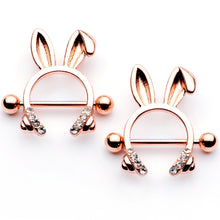 Load image into Gallery viewer, 14G 9/16 Clear Gem Rose Gold Tone Bunny Ear Headphones Nipple Shield Set
