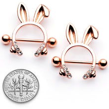 Load image into Gallery viewer, 14G 9/16 Clear Gem Rose Gold Tone Bunny Ear Headphones Nipple Shield Set
