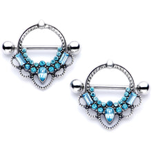 Load image into Gallery viewer, 14G 5/8 Aqua Gem Filigree Nipple Shield Set
