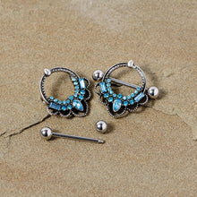 Load image into Gallery viewer, 14G 5/8 Aqua Gem Filigree Nipple Shield Set
