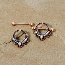 Load image into Gallery viewer, 14G 5/8 Clear Gem Rose Gold Tone Filigree Nipple Shield Set
