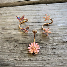 Load image into Gallery viewer, 14G Clear Gem Rose Gold Hue Star Flower Spiral Twister Belly Ring
