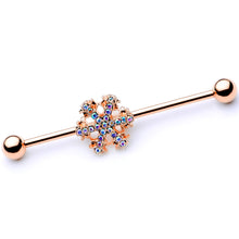Load image into Gallery viewer, 14G Aurora Gem Rose Gold Tone Snowflake Industrial Barbell 38mm
