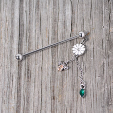 Load image into Gallery viewer, 14G Green Yellow Gem Flower Bee Dangle Industrial Barbell 38mm
