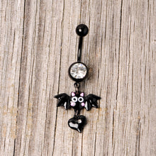 Load image into Gallery viewer, Clear Gem Black Heart Vampire Bat Halloween Dangle Belly Ring
