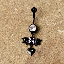 Load image into Gallery viewer, Clear Gem Black Heart Vampire Bat Halloween Dangle Belly Ring
