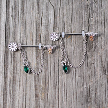 Load image into Gallery viewer, 14G 5/8 Green Yellow Gem Flower Bee Dangle Nipple Ring Set
