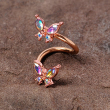 Load image into Gallery viewer, 14G 3/8 Aurora Gem Rose Gold Tone Butterfly Spiral Twister Ring
