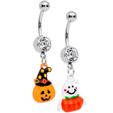 Load image into Gallery viewer, Clear Gem Jack O Lantern Ghost Halloween Dangle Belly Ring Set of 2

