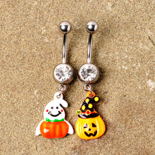 Load image into Gallery viewer, Clear Gem Jack O Lantern Ghost Halloween Dangle Belly Ring Set of 2
