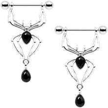 Load image into Gallery viewer, 14G 9/16 Black Gem Spider Halloween Dangle Nipple Ring Set
