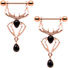 Load image into Gallery viewer, 9/16 Rose Gold Tone Black Gem Spider Halloween Dangle Nipple Ring Set
