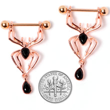 Load image into Gallery viewer, 9/16 Rose Gold Tone Black Gem Spider Halloween Dangle Nipple Ring Set
