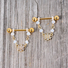 Load image into Gallery viewer, 14G 5/8 Clear Gem Gold Tone Dainty Flower Dangle Nipple Ring Set
