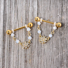 Load image into Gallery viewer, 14G 5/8 Clear Gem Gold Tone Dainty Flower Dangle Nipple Ring Set
