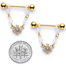 Load image into Gallery viewer, 14G 5/8 Clear Gem Gold Tone Dainty Flower Dangle Nipple Ring Set
