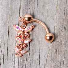Load image into Gallery viewer, Aurora Gem Rose Gold Tone Butterflies Top Mount Dangle Belly Ring

