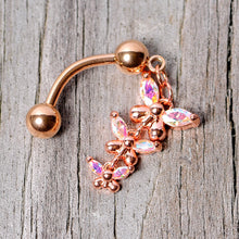 Load image into Gallery viewer, Aurora Gem Rose Gold Tone Butterflies Top Mount Dangle Belly Ring
