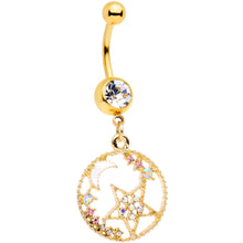 Load image into Gallery viewer, Clear Aurora Gem Gold Tone Circle Star Moon Dangle Belly Ring
