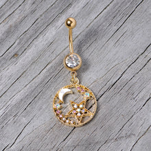 Load image into Gallery viewer, Clear Aurora Gem Gold Tone Circle Star Moon Dangle Belly Ring

