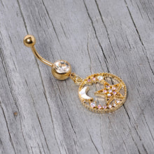 Load image into Gallery viewer, Clear Aurora Gem Gold Tone Circle Star Moon Dangle Belly Ring
