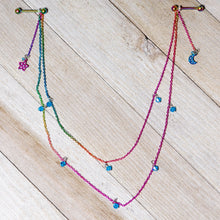 Load image into Gallery viewer, 14G 5/8 Blue Gem Rainbow Moon Star Double Dangle Nipple Chain
